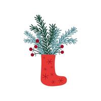 Festive winter illustration with Christmas stocking for gifts with a bouquet of fir branches and berries on an isolated background. Xmas design element for a flyer, postcard, congratulation, print vector