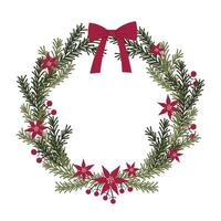 Xmas frame with coniferous branches, red winter flowers Poinsettia. Hand drawn colourful festive border with winter plants for text. For flyer, greetings, invitations, New Year, Christmas vector