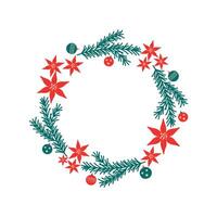 Frame with coniferous branches, red winter flowers Poinsettia, Christmas tree toys. Hand drawn colourful festive border with plants for text. For greetings, invitations, New Year, Christmas vector