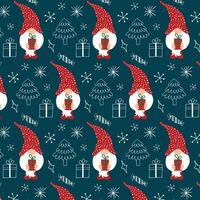 Christmas background with gnomes and Christmas attributes in doodle style. vector