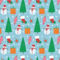 Seamless Christmas background with snowman, fir trees and gifts. vector
