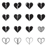 Collection of different black broken heart flat icons, Hand drawn hearts.Symbol icon set vector