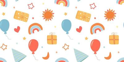 Seamless pattern with a festive fun print with balls, gifts, rainbow. vector