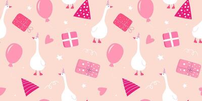 Seamless pattern with geese, gifts, balloons on a background of abstract hearts and stars. Festive and cheerful print. vector