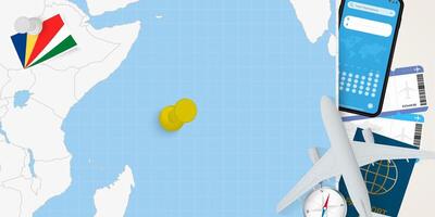 Travel to Seychelles concept, map with pin on map of Seychelles. Vacation preparation map, flag, passport and tickets. vector