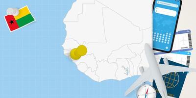 Travel to Guinea-Bissau concept, map with pin on map of Guinea-Bissau. Vacation preparation map, flag, passport and tickets. vector