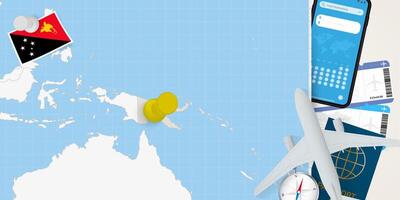 Travel to Papua New Guinea concept, map with pin on map of Papua New Guinea. Vacation preparation map, flag, passport and tickets. vector