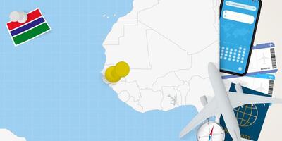 Travel to Gambia concept, map with pin on map of Gambia. Vacation preparation map, flag, passport and tickets. vector