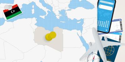 Travel to Libya concept, map with pin on map of Libya. Vacation preparation map, flag, passport and tickets. vector