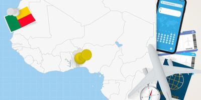 Travel to Benin concept, map with pin on map of Benin. Vacation preparation map, flag, passport and tickets. vector