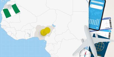 Travel to Nigeria concept, map with pin on map of Nigeria. Vacation preparation map, flag, passport and tickets. vector