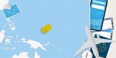 Travel to Micronesia concept, map with pin on map of Micronesia. Vacation preparation map, flag, passport and tickets. vector