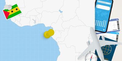 Travel to Sao Tome and Principe concept, map with pin on map of Sao Tome and Principe. Vacation preparation map, flag, passport and tickets. vector