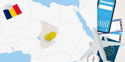 Travel to Chad concept, map with pin on map of Chad. Vacation preparation map, flag, passport and tickets. vector