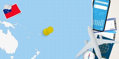 Travel to Samoa concept, map with pin on map of Samoa. Vacation preparation map, flag, passport and tickets. vector