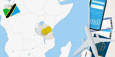 Travel to Tanzania concept, map with pin on map of Tanzania. Vacation preparation map, flag, passport and tickets. vector