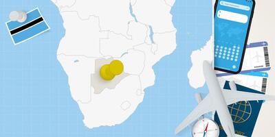 Travel to Botswana concept, map with pin on map of Botswana. Vacation preparation map, flag, passport and tickets. vector