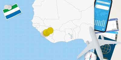 Travel to Sierra Leone concept, map with pin on map of Sierra Leone. Vacation preparation map, flag, passport and tickets. vector