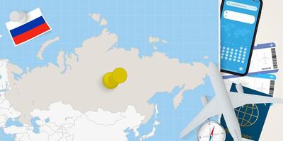Travel to Russia concept, map with pin on map of Russia. Vacation preparation map, flag, passport and tickets. vector