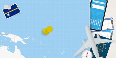 Travel to Nauru concept, map with pin on map of Nauru. Vacation preparation map, flag, passport and tickets. vector