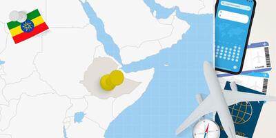 Travel to Ethiopia concept, map with pin on map of Ethiopia. Vacation preparation map, flag, passport and tickets. vector