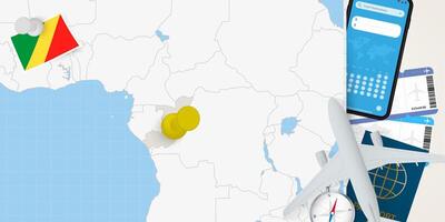Travel to Congo concept, map with pin on map of Congo. Vacation preparation map, flag, passport and tickets. vector