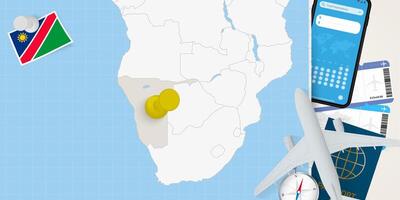 Travel to Namibia concept, map with pin on map of Namibia. Vacation preparation map, flag, passport and tickets. vector