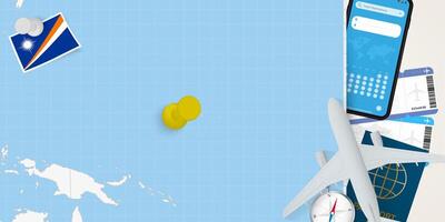 Travel to Marshall Islands concept, map with pin on map of Marshall Islands. Vacation preparation map, flag, passport and tickets. vector