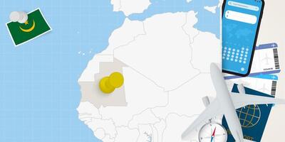 Travel to Mauritania concept, map with pin on map of Mauritania. Vacation preparation map, flag, passport and tickets. vector