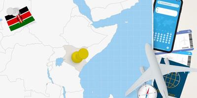 Travel to Kenya concept, map with pin on map of Kenya. Vacation preparation map, flag, passport and tickets. vector