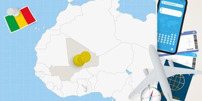 Travel to Mali concept, map with pin on map of Mali. Vacation preparation map, flag, passport and tickets. vector