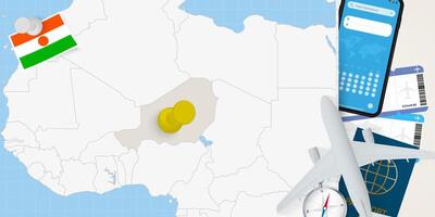 Travel to Niger concept, map with pin on map of Niger. Vacation preparation map, flag, passport and tickets. vector