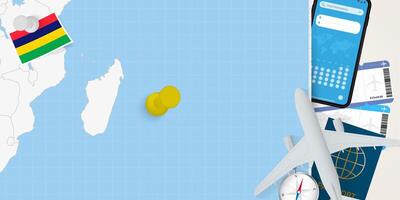 Travel to Mauritius concept, map with pin on map of Mauritius. Vacation preparation map, flag, passport and tickets. vector