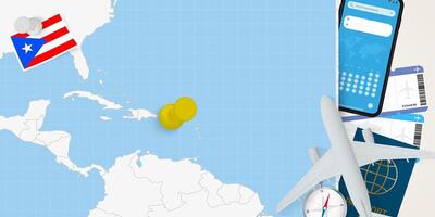 Travel to Puerto Rico concept, map with pin on map of Puerto Rico. Vacation preparation map, flag, passport and tickets. vector