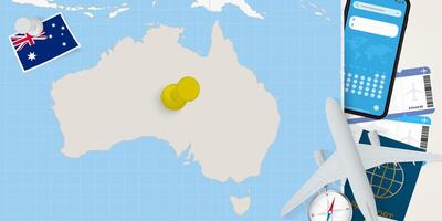 Travel to Australia concept, map with pin on map of Australia. Vacation preparation map, flag, passport and tickets. vector