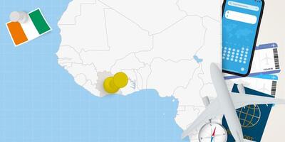Travel to Ivory Coast concept, map with pin on map of Ivory Coast. Vacation preparation map, flag, passport and tickets. vector