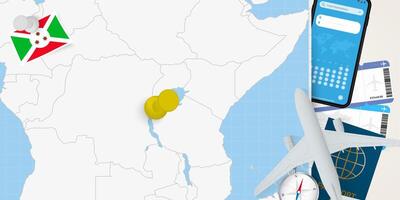 Travel to Burundi concept, map with pin on map of Burundi. Vacation preparation map, flag, passport and tickets. vector