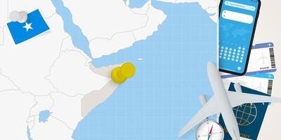 Travel to Somalia concept, map with pin on map of Somalia. Vacation preparation map, flag, passport and tickets. vector