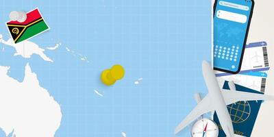 Travel to Vanuatu concept, map with pin on map of Vanuatu. Vacation preparation map, flag, passport and tickets. vector