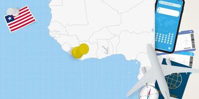 Travel to Liberia concept, map with pin on map of Liberia. Vacation preparation map, flag, passport and tickets. vector