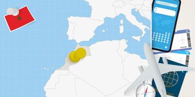 Travel to Morocco concept, map with pin on map of Morocco. Vacation preparation map, flag, passport and tickets. vector