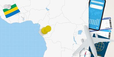Travel to Gabon concept, map with pin on map of Gabon. Vacation preparation map, flag, passport and tickets. vector