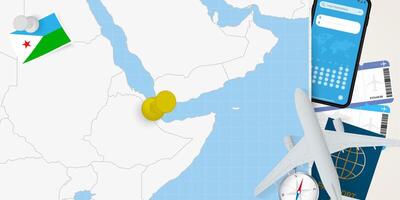 Travel to Djibouti concept, map with pin on map of Djibouti. Vacation preparation map, flag, passport and tickets. vector