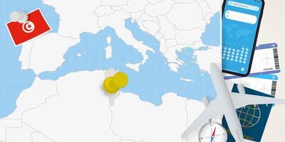 Travel to Tunisia concept, map with pin on map of Tunisia. Vacation preparation map, flag, passport and tickets. vector