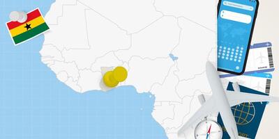 Travel to Ghana concept, map with pin on map of Ghana. Vacation preparation map, flag, passport and tickets. vector