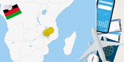 Travel to Malawi concept, map with pin on map of Malawi. Vacation preparation map, flag, passport and tickets. vector