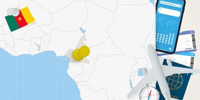 Travel to Cameroon concept, map with pin on map of Cameroon. Vacation preparation map, flag, passport and tickets. vector
