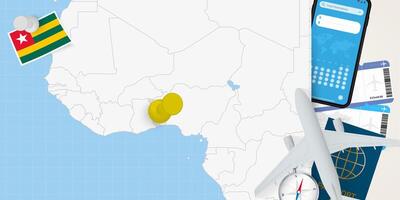 Travel to Togo concept, map with pin on map of Togo. Vacation preparation map, flag, passport and tickets. vector