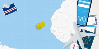 Travel to Cape Verde concept, map with pin on map of Cape Verde. Vacation preparation map, flag, passport and tickets. vector