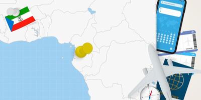 Travel to Equatorial Guinea concept, map with pin on map of Equatorial Guinea. Vacation preparation map, flag, passport and tickets. vector